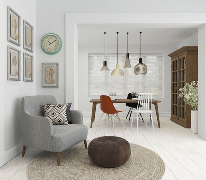 A room with a chair and a table