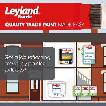 Advertisement featuring a paintbrush, a house, and cans of paint.