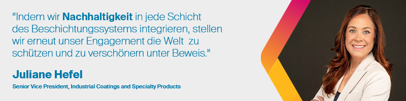 Sustainability message from Juliane Hefel including headshot, detailing the importance of sustainability to the industrial PPG business - wording in German