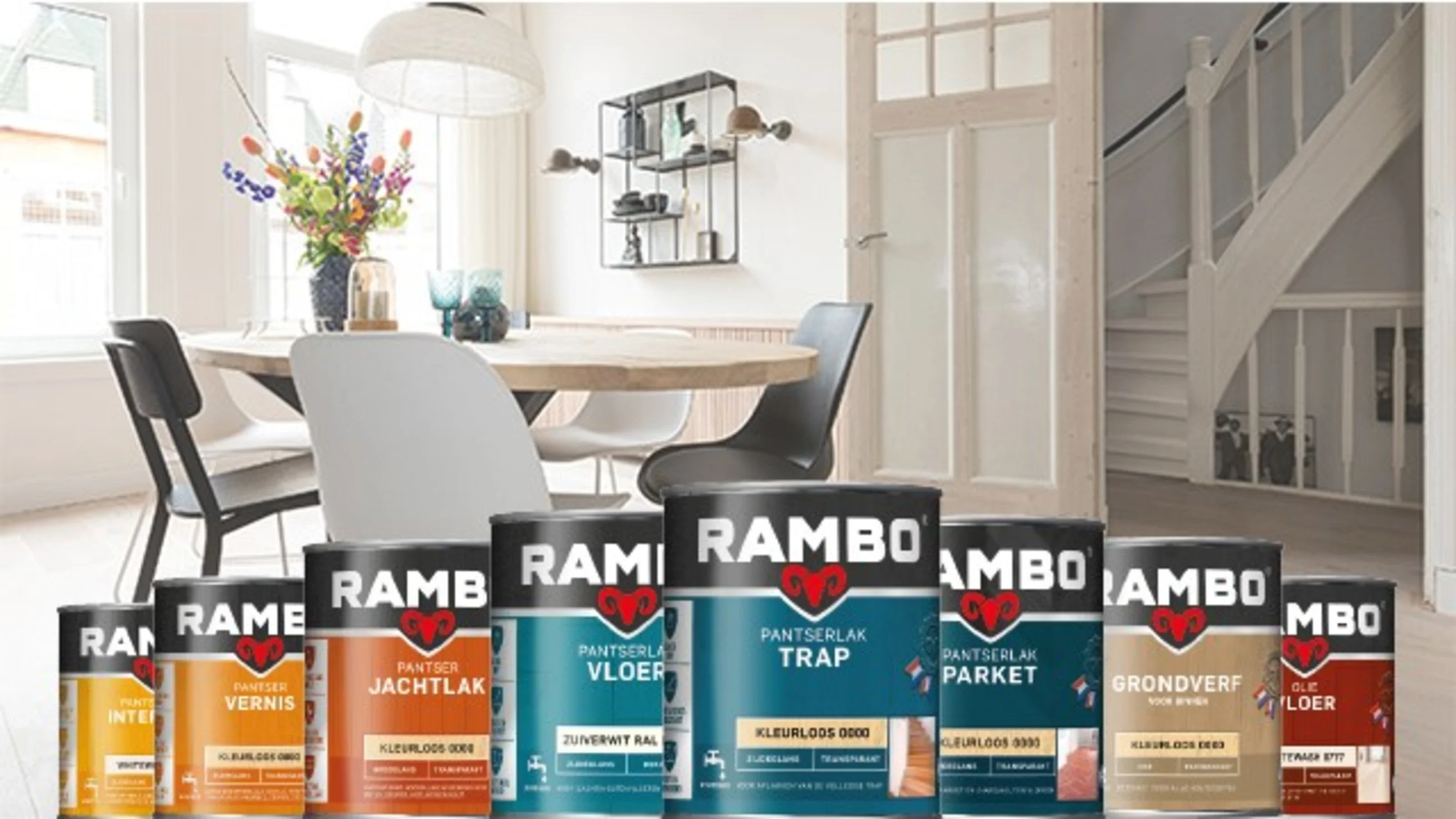 Assortiment Rambo-lakken en grondverf voor onder andere vloeren, trappen, parket en houtwerk in huis