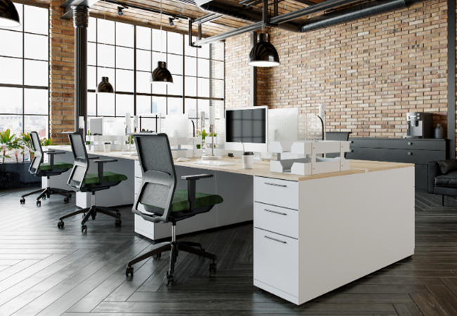 White office furniture with black seats against a black floor surface with clear windows and brick walls