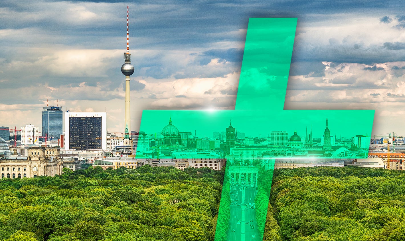 Sustainability skyline in Germany with a green plus symbol overlay