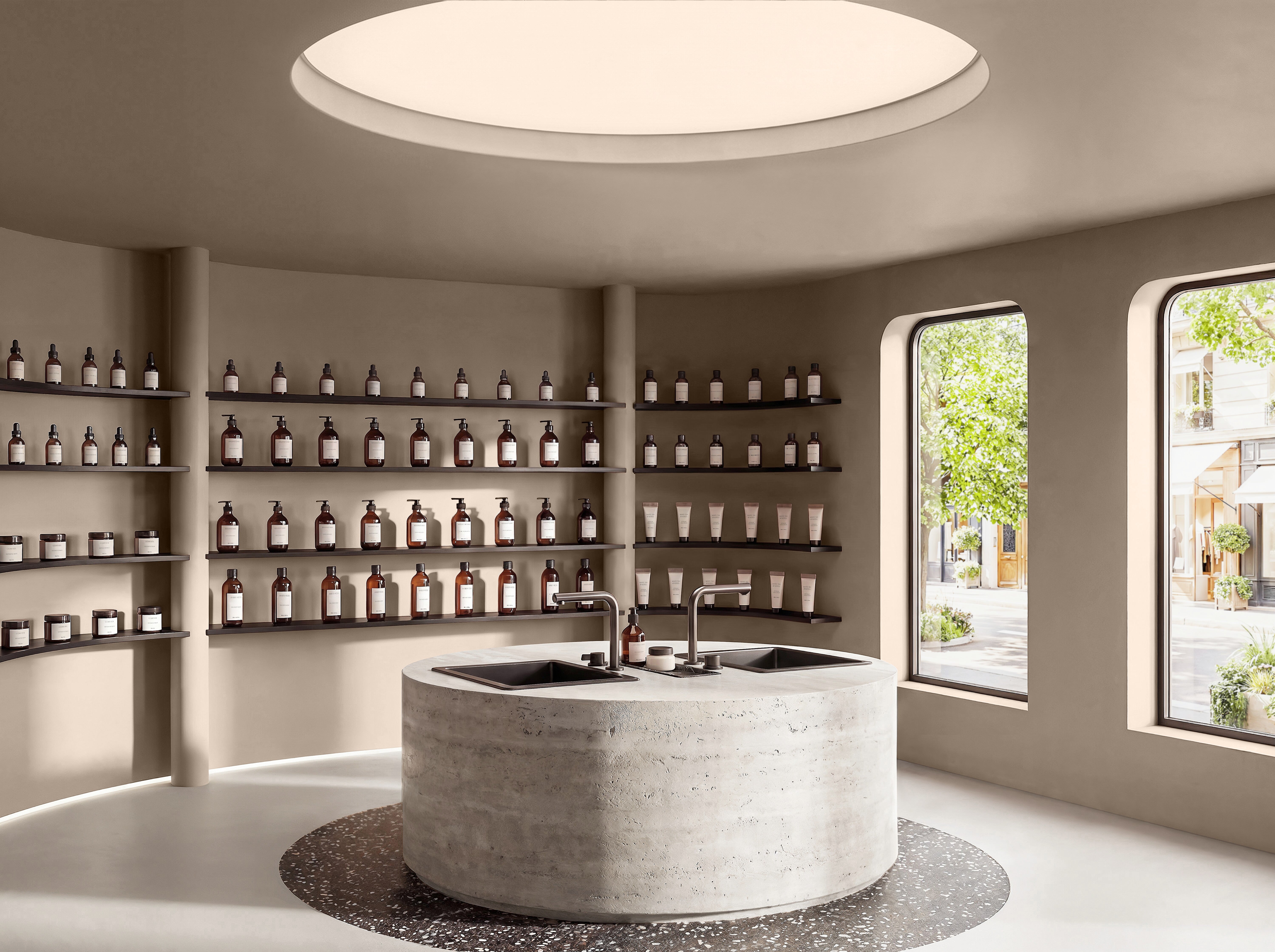 A room with a round sink and shelves of bottles
