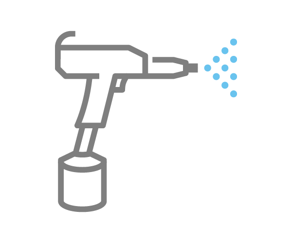 Grey powder spray gun icon spraying blue powder