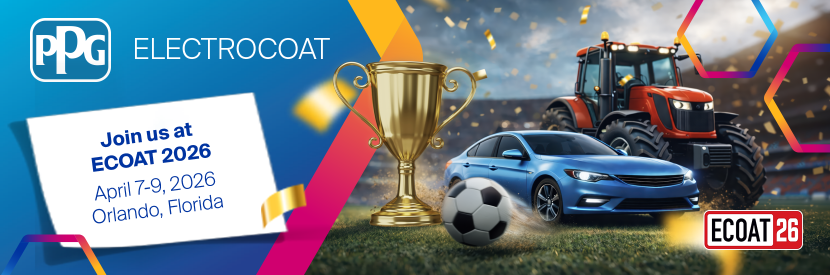 hero banner with Electrocoat event details, image of a trophy, soccer ball, car and tractor