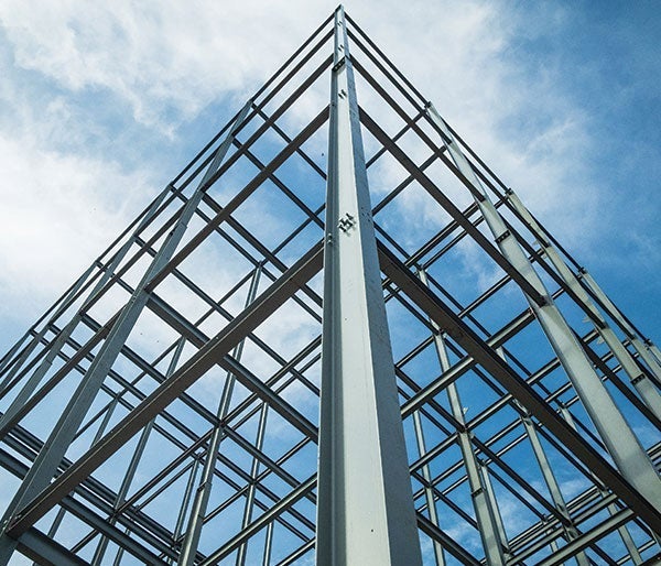 A steel frame of a building