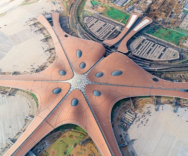 An aerial view of a large airport building