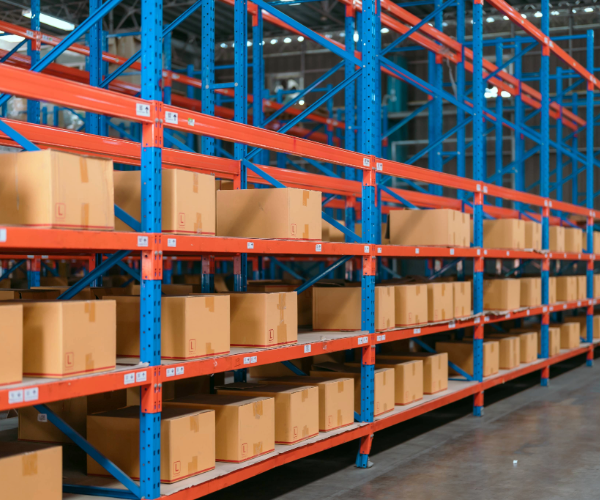 Orange and blue metal shelving systems in manufacturing facility