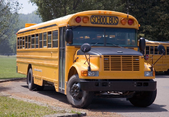 Front three-quarter view of a yellow school bus parked on a roadside with trees and grass in the background.
