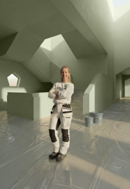 A woman in a white room
