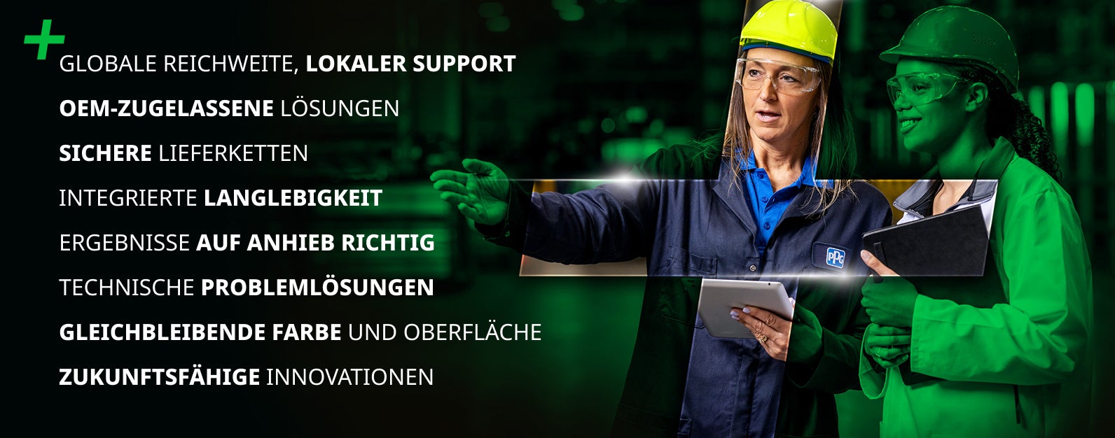 Power of a Partner image with green tint and a clear plus symbol showing two women wearing hard hats and carrying clip boards. Image overlay of key callouts in German