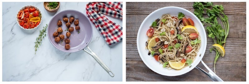 Left side shows meatballs in a purple skillet with condiments and a checkered napkin, right side displays a pasta salad with tomatoes and greens in a white pan
