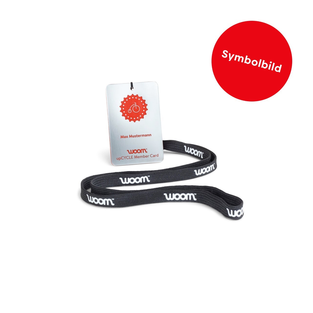Représentation d’une carte membre woom upCYCLING avec son cordon.