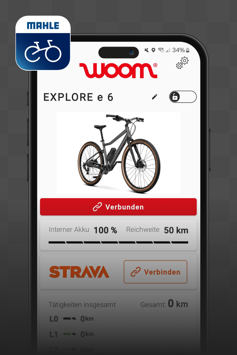 Handy mit geöffneter MAHLE SmartBike App für das woom EXPLORE e E-Bike.