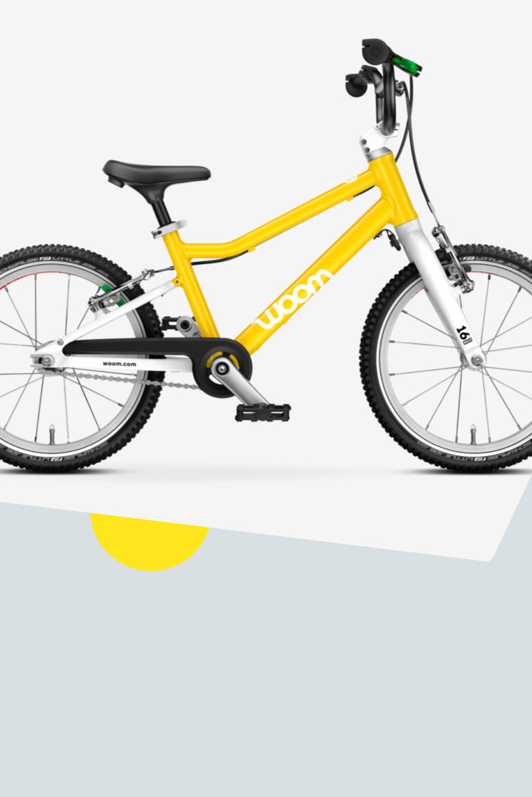 Seitenansicht des Fahrrades woom GO 3 in Gelb in 16 Zoll für Kinder von in etwa 4 bis 6 Jahren