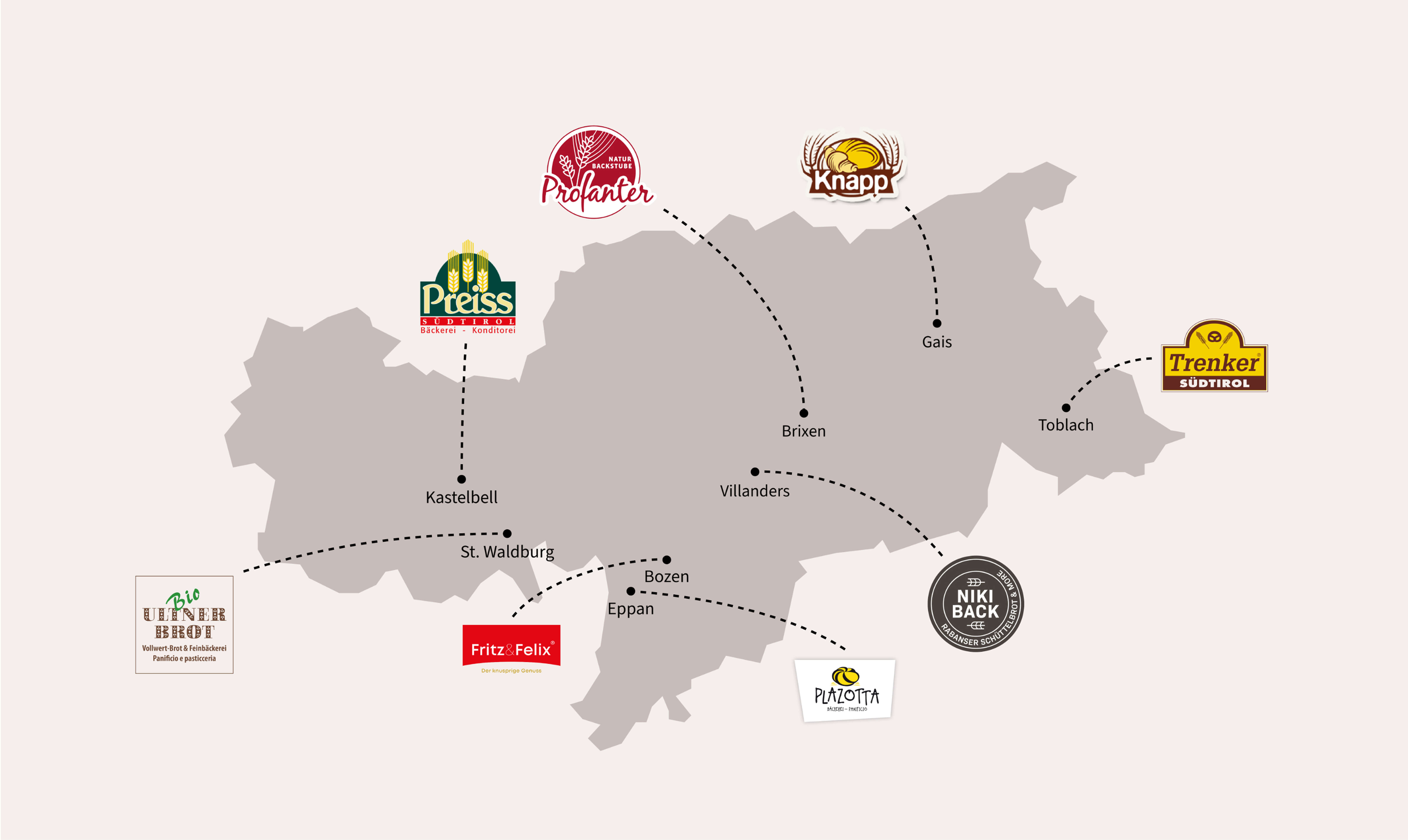 Karte Südtirols mit den Logos der Hersteller des Südtiroler Schüttelbrots g.g.A.