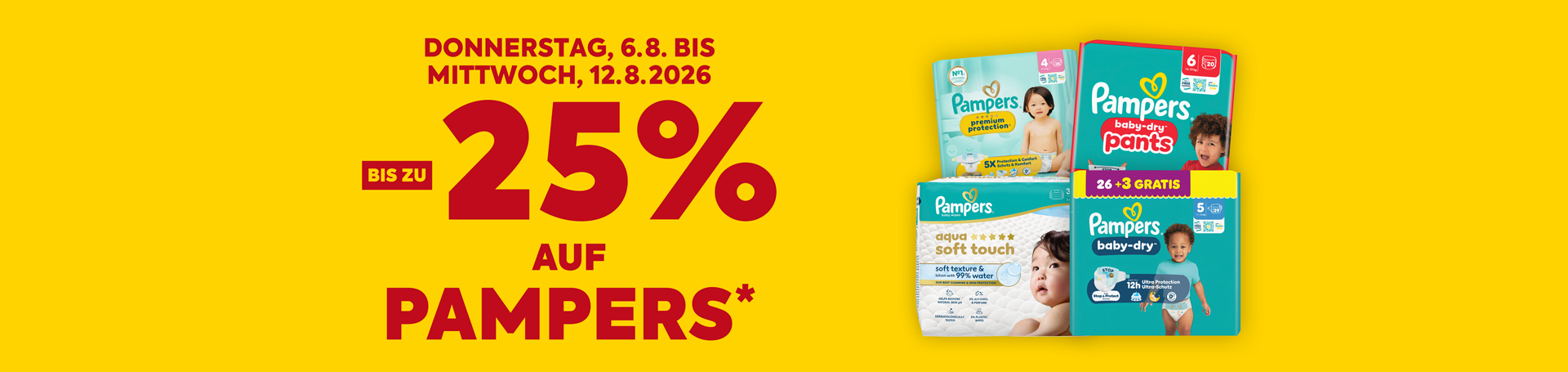 bis zu -25% auf Pampers. Gültig von Do., 6.8. bis Mi., 12.8.