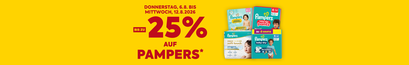 bis zu -25% auf Pampers. Gültig von Do., 6.8. bis Mi., 12.8.2026