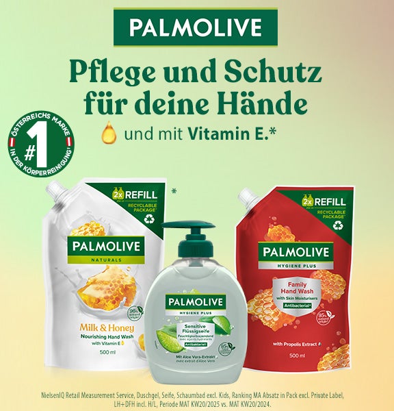 Palmolive: Pflege und Schutz für deine Hände und mit Vitamin E.* Österreichs Nummer 1 Marke in der Körperreinigung.  
