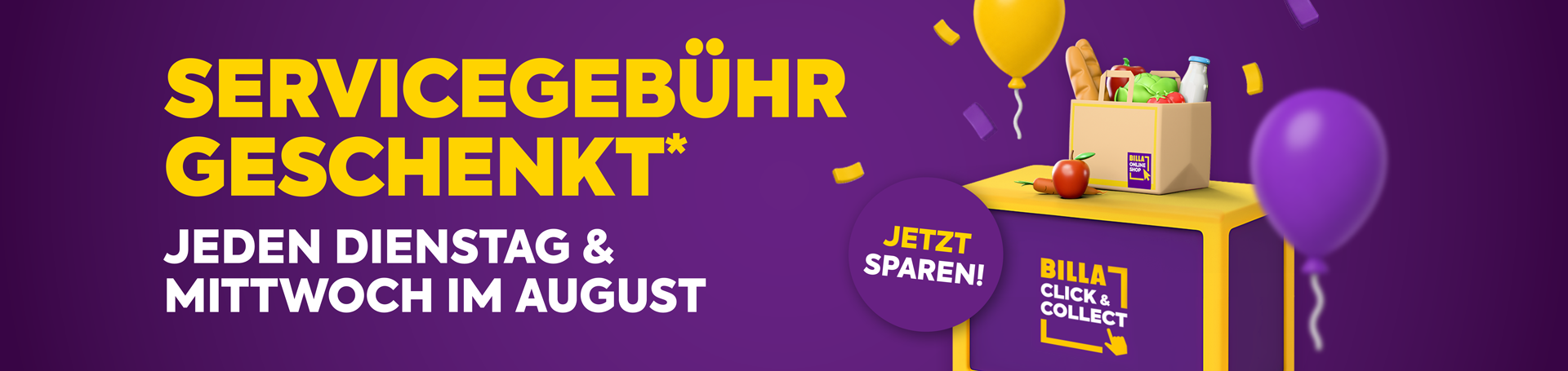 Jetzt sparen! Servicegebühr geschenkt! Jeden Dienstag & Mittwoch im August* bei Billa Click & Collect