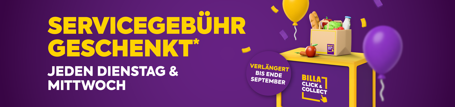 Servicegebühr geschenkt. Bei Click & Collect Abholungen jeden Dienstag & Mittwoch bis Ende September