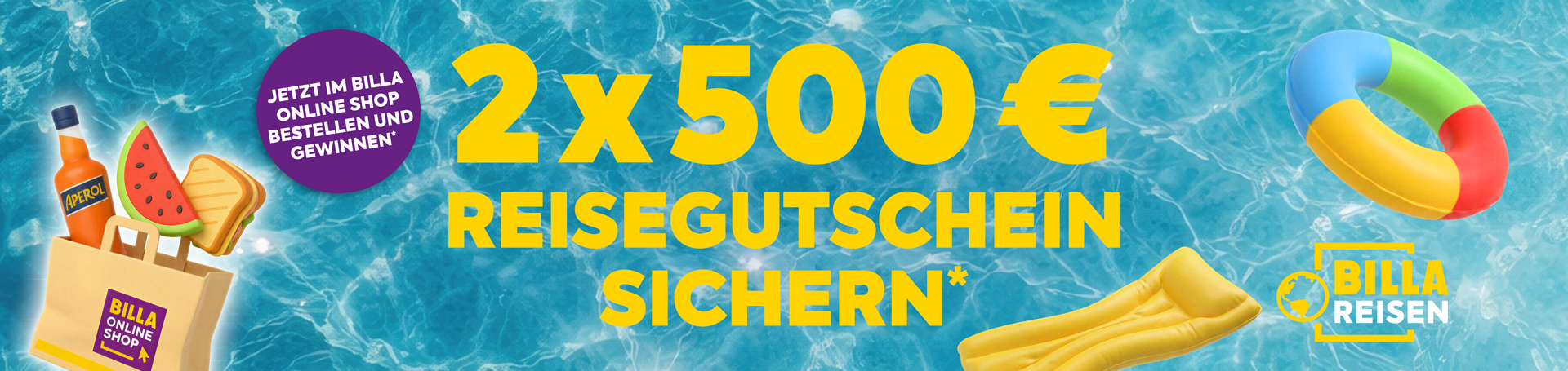 2x500 € Reisegutschein sichern. Jetzt im BILLA Online Shop bestellen und gewinnen!