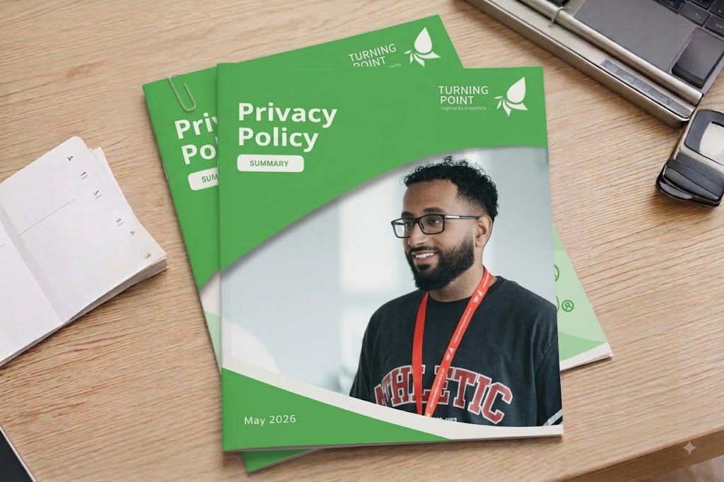 A stack of 'Privacy Policy' documents on a desk.