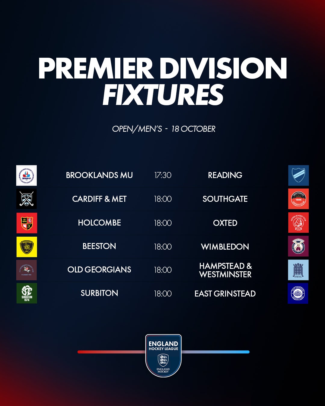 EHL%20PREM%20DIV%20FIXTURES%202025 26%20psd%20OM%2018%20OCT - England: EHL Premier Division Preview | Week Five - Women's Premier Division front runners, Hampstead & Westminster, travel to fourth-placed Loughborough Students looking for a fifth successive win. The stats would suggest goals may be at a premium as Hampstead conceded their first goal only last weekend and it has been almost 200 minutes since Loughborough’s defence was breached.