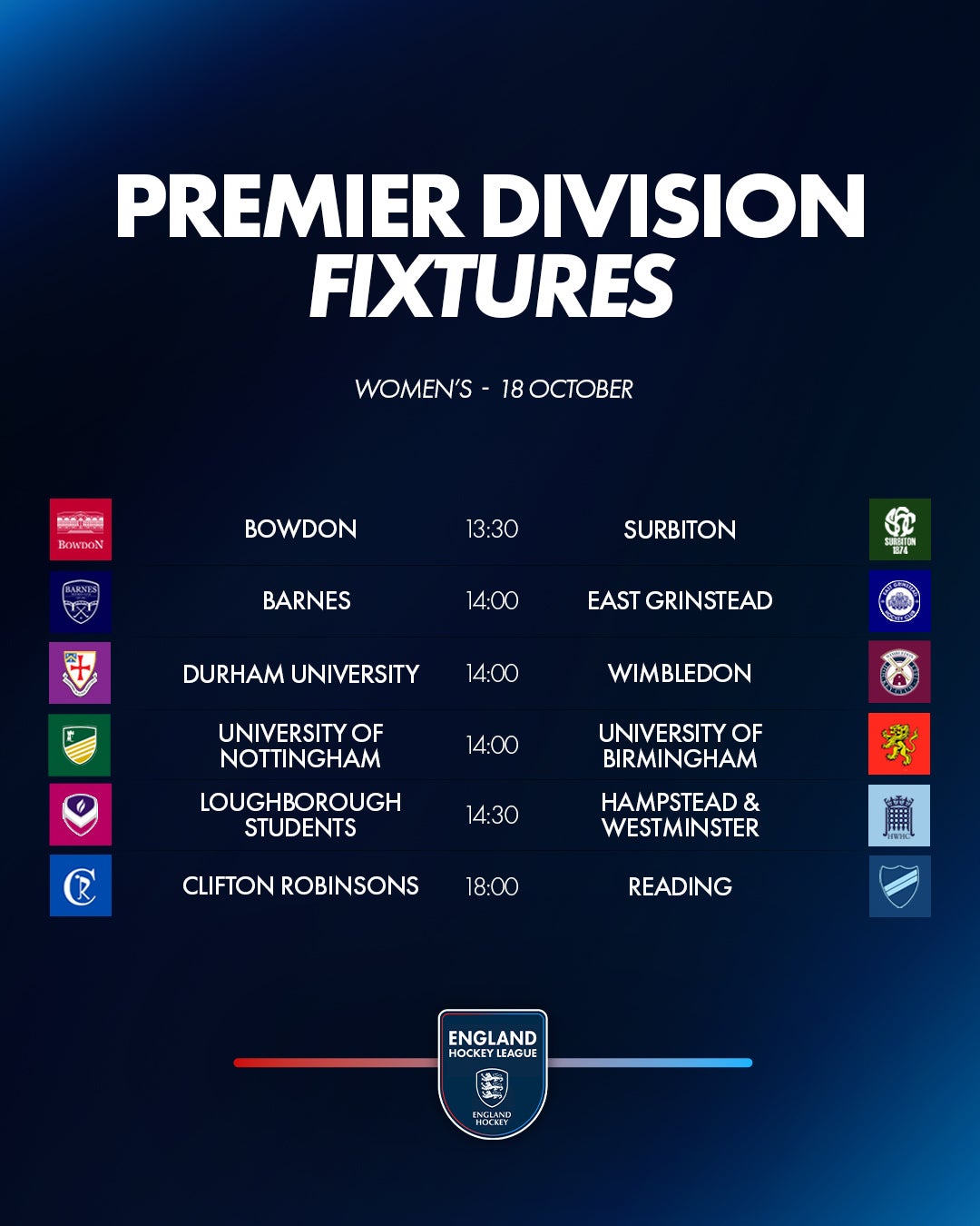 EHL%20PREM%20DIV%20FIXTURES%202025 26%20psd%20W%2018%20OCT - England: EHL Premier Division Preview | Week Five - Women's Premier Division front runners, Hampstead & Westminster, travel to fourth-placed Loughborough Students looking for a fifth successive win. The stats would suggest goals may be at a premium as Hampstead conceded their first goal only last weekend and it has been almost 200 minutes since Loughborough’s defence was breached.