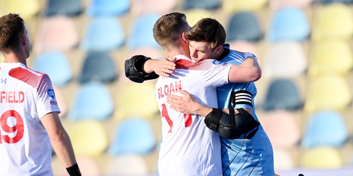Ollie Payne is congratulated for his Player of the Match performance in the 1-0 win over Germany