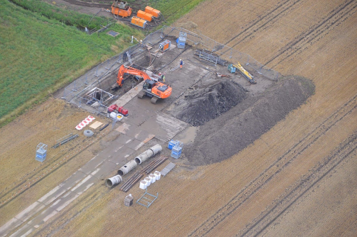 Luchtfoto van de werkzaamheden.