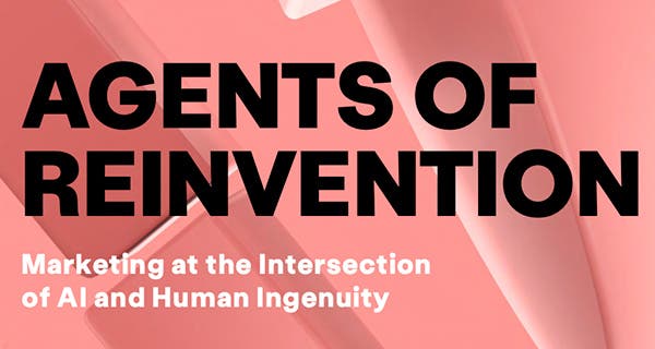 The text "Agents of reinvention" in captial letters on pink background