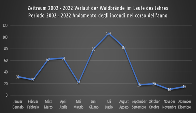 Andamento degli incendi nel corso dell'anno - Periodo 2002-2022