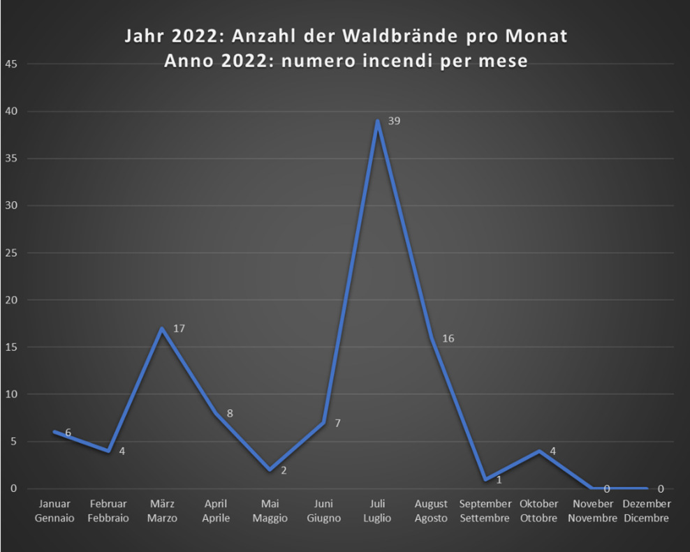 Diagramma con numero incendi per mese - anno 2022