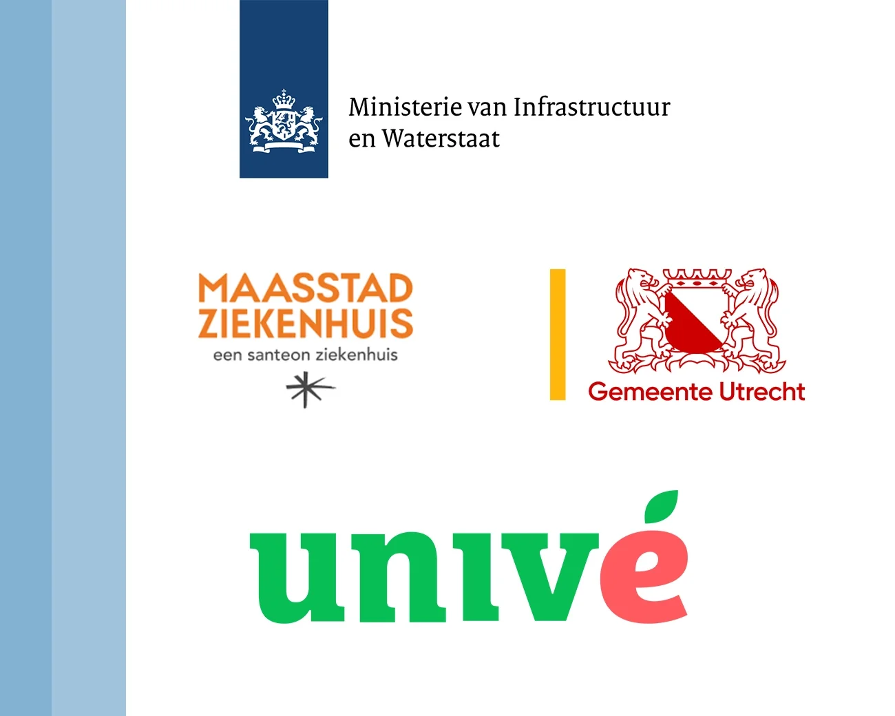 Logo’s Ministerie van Infrastructuur en Waterstaat, de Gemeente Utrecht, het Maasstad ziekenhuis, Univé.