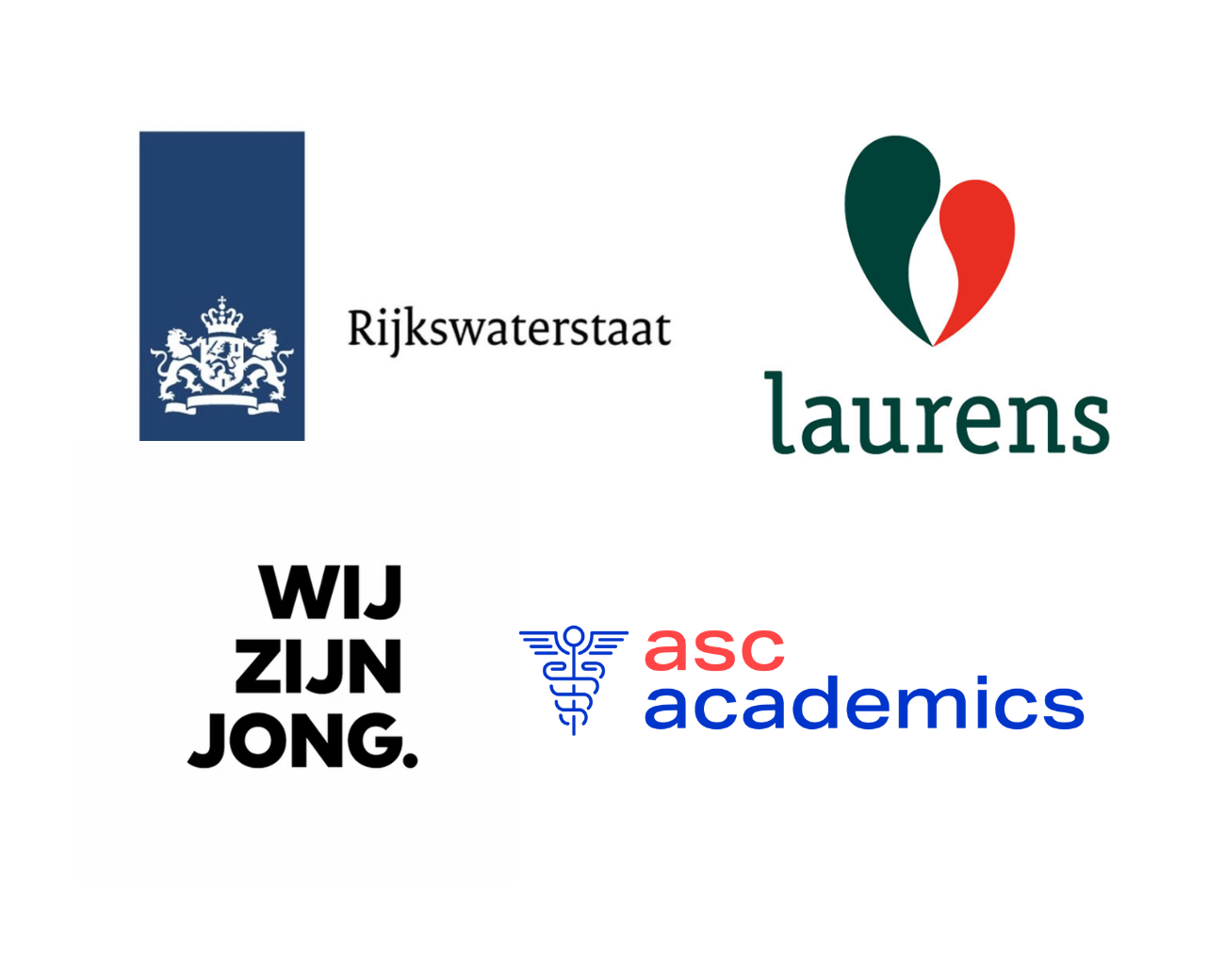 Logo's Rijkswaterstaat, Laurens Thuiszorg, Wij Zijn JONG en ASC Academics