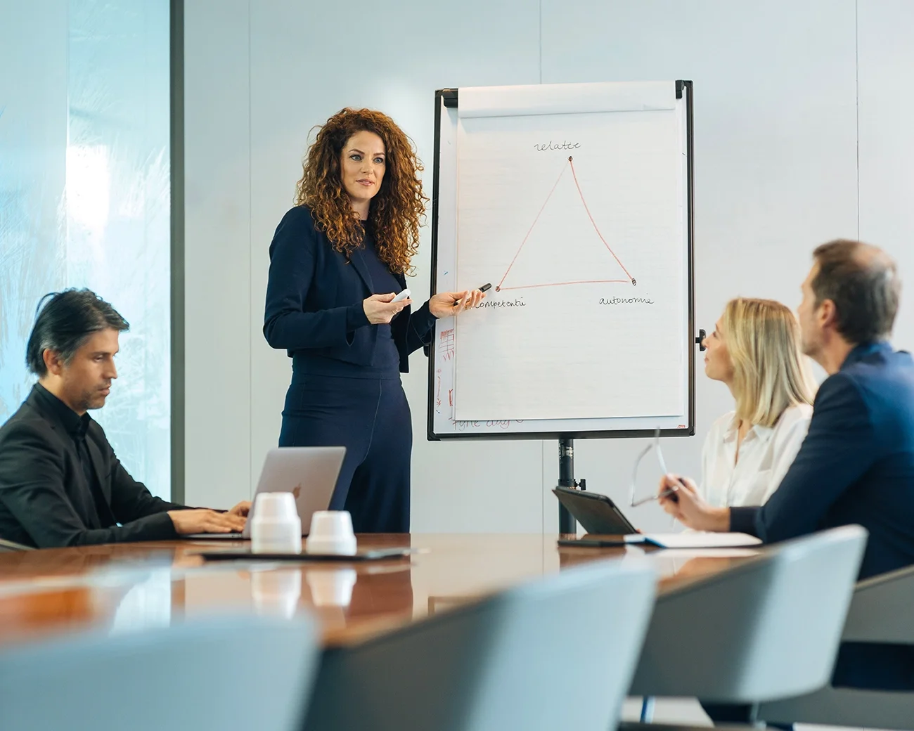 Vier mensen in een kantoorsetting, vrouw met krullen staat voor flipover