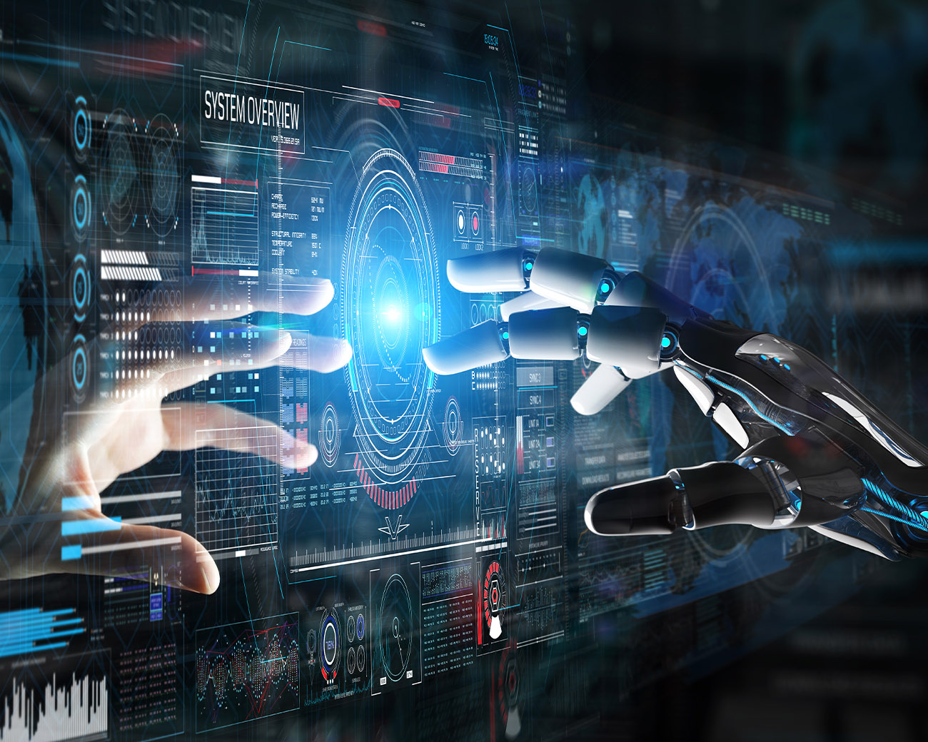 Mensenvinger en robotvinger raken beide scherm aan