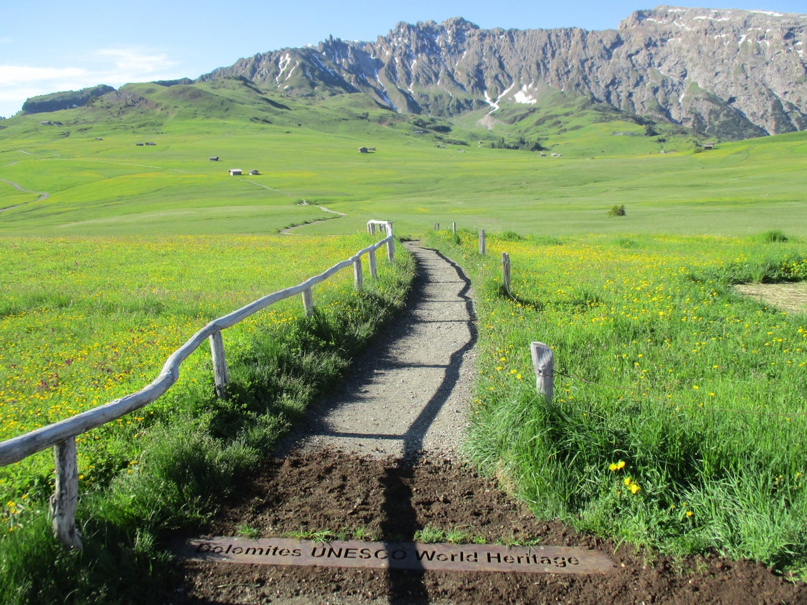Soglia del Patrimonio Mondiale Dolomiti UNESCO sull'Alpe di Siusi, Parco Naturale Sciliar-Catinaccio (Foto: Associazione turistica Siusi allo Sciliar)
