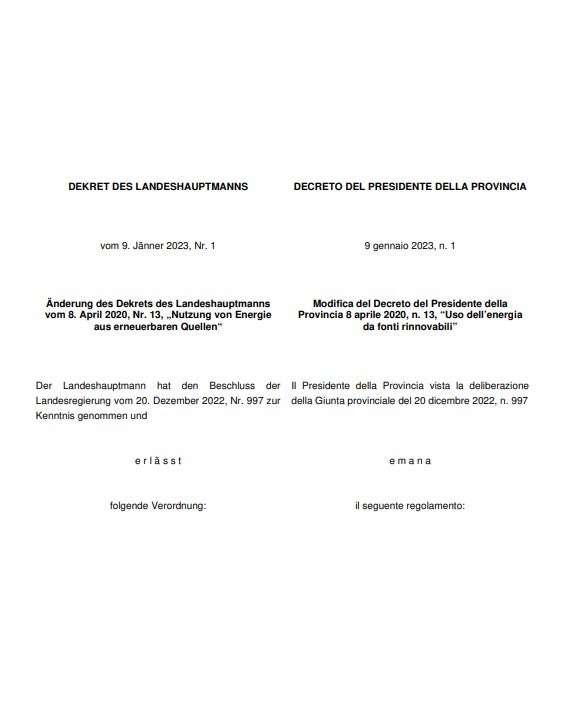Modifica del Decreto del Presidente della Provincia 8 aprile 2020, n. 13, “Uso dell’energia da fonti rinnovabili”