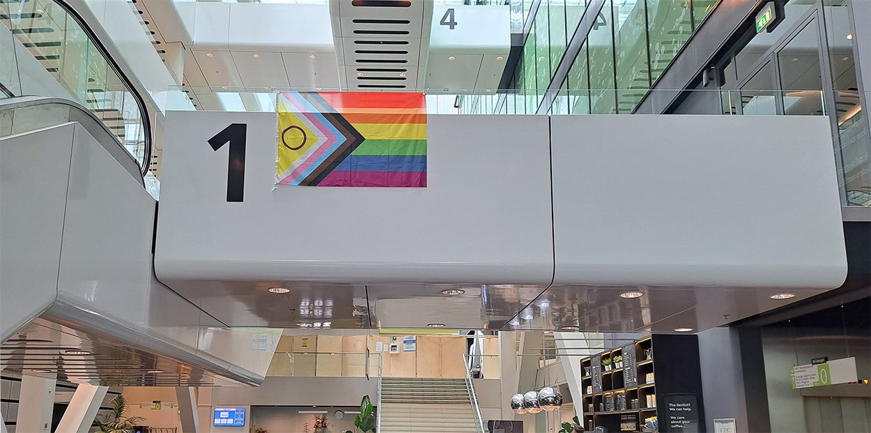 Pridevlag hangt in de centrale hal van het ACTA-gebouw
