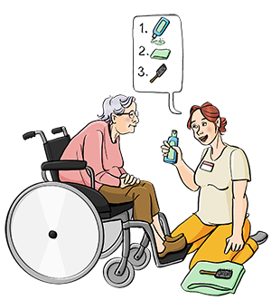 Eine Pflegerin erklärt einer älteren Frau die Schritte für die Haar·pflege.