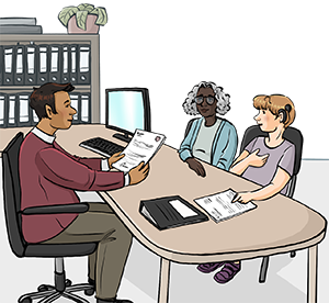 Eine Fach·person von der Anlaufstelle für Pflege und Betreuung hilft beim Ausfüllen von einem Ansuchen.