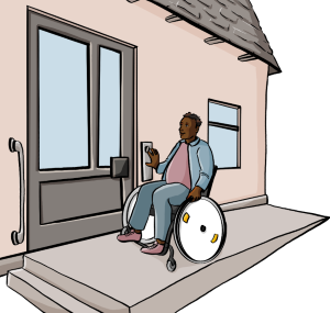 Ein Mann im Rollstuhl fährt über eine Rampe auf eine Haustür zu. 