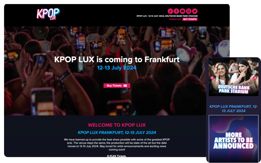 Screenshots of the KPOP LUX homepage