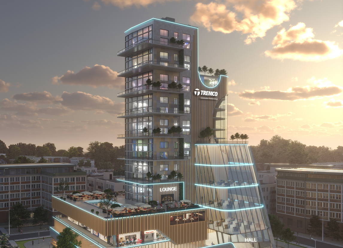 A modern building at sunset