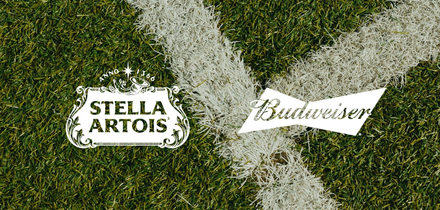 Supporting image showing the Stella Artois and Budweiser logos on a football stadium backdrop