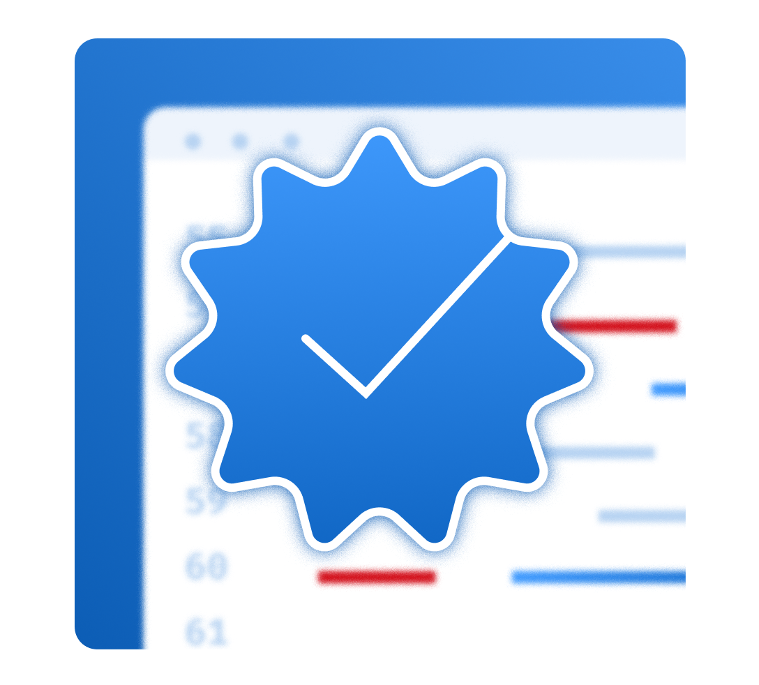 Code verification badge with checkmark icon over a code review and static analysis editor showing verified and flagged code lines