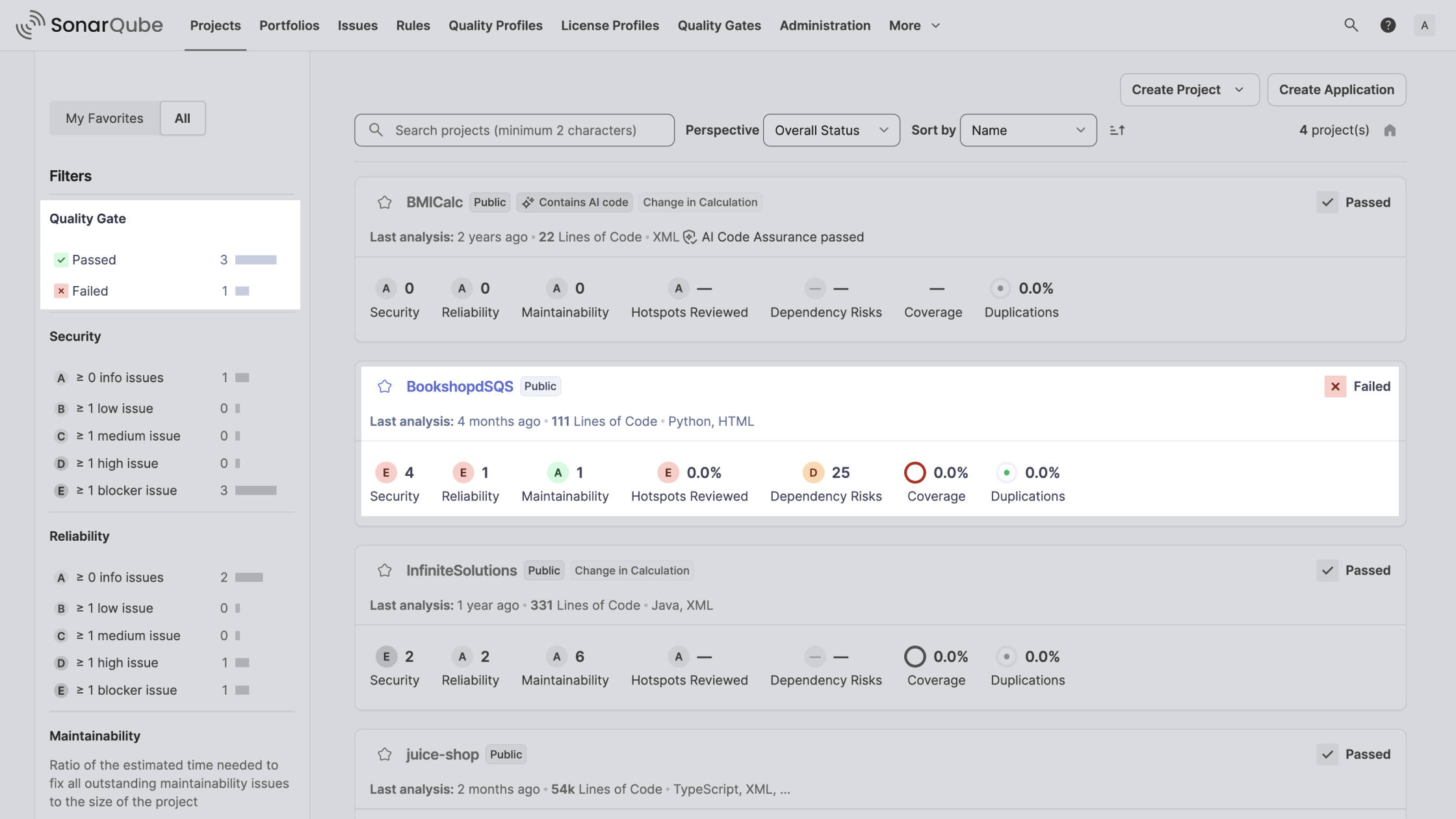 SonarQube Server dashboard showing code quality and security results