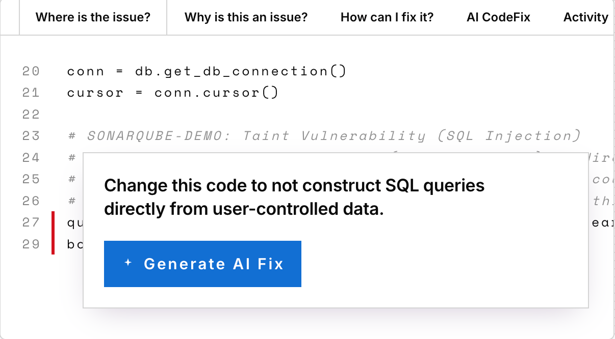 AI CodeFix — SonarQube project overview showing security, reliability, maintainability, and coverage metrics